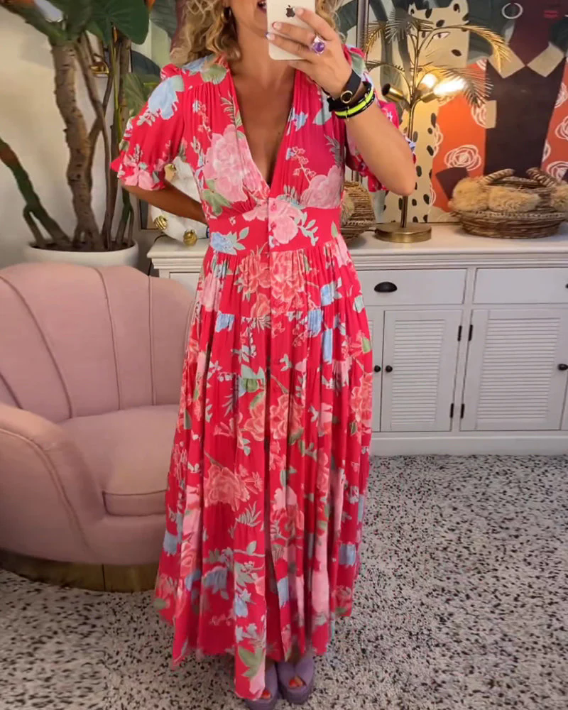 Fashion Canberra | Lila Floral Print V-neck Pocket Dress