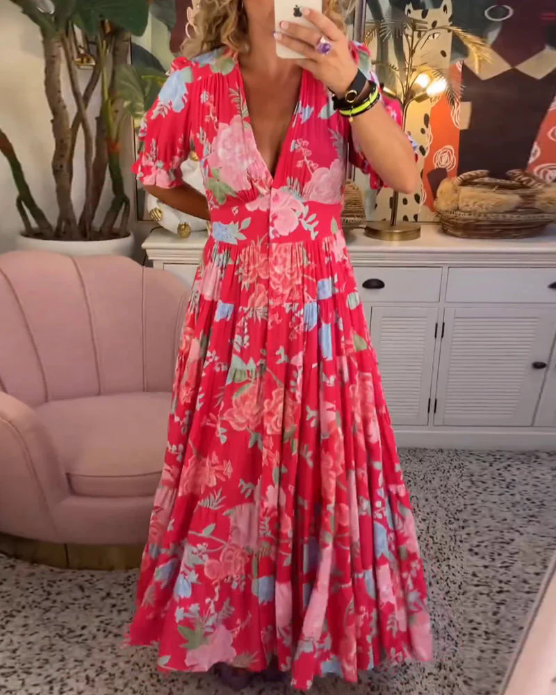 Fashion Canberra | Lila Floral Print V-neck Pocket Dress